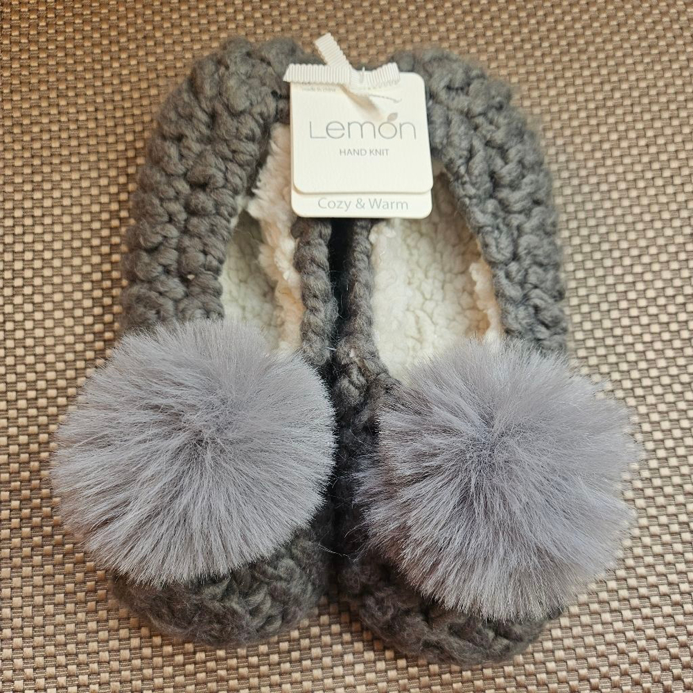 Women's Lemon Gray Hand Knit Slippers with Pom Poms